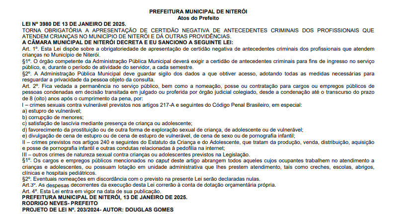 Lei proíbe contratação de condenados por crimes contra crianças em Niterói – Tempo Real