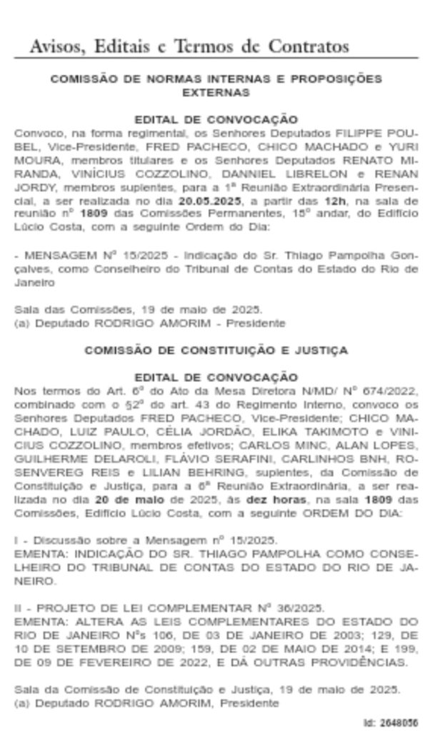 Convocação para a sabatina de Thiago Pampolha é publicada no Diário Oficial; reunião será às 12h desta terça-feira
