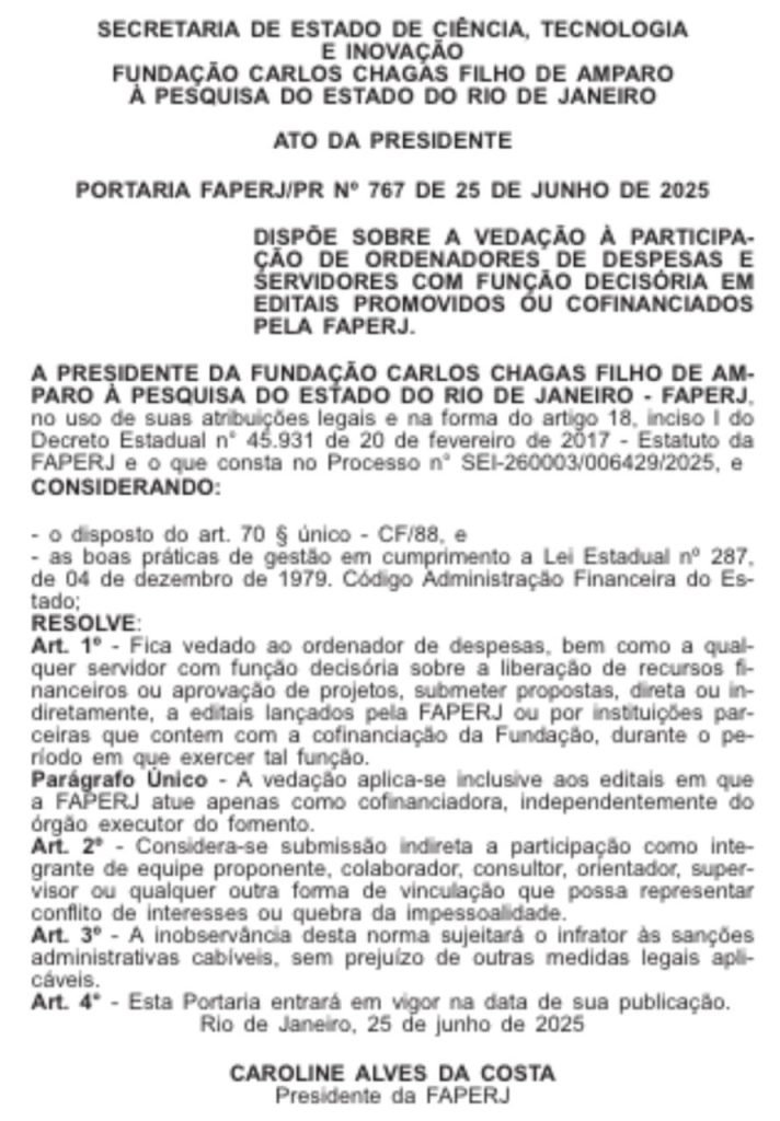 Diretores e conselheiros da Faperj não poderão mais participar dos editais da fundação