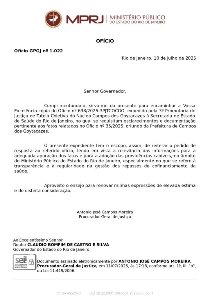 MP pede explicações a Castro sobre a falta de repasses dos recursos da Saúde a Campos
